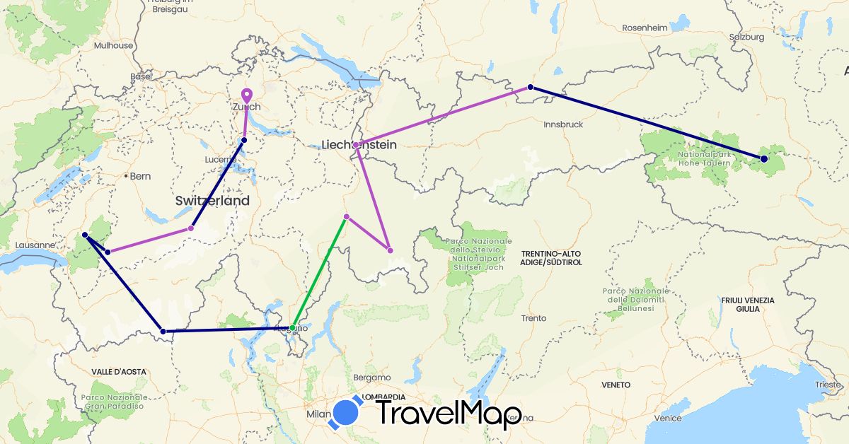 TravelMap itinerary: driving, bus, train in Austria, Switzerland, Germany, Liechtenstein (Europe)